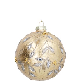 Gisela Graham Beaded Jewel Vine Glass Tree Decoration 10cm, gold bauble with silver glitter leaf vine and jewel embellishments