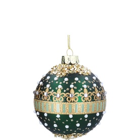 Gisela Graham Pearl and Jewel Glass Tree Decoration 8cm, matt green bauble with gold fleur-de-lis band and pearl embellishments