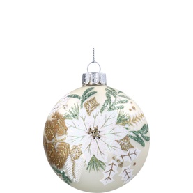 Gisela Graham Poinsettia Spray Glass Bauble 8cm in gold, featuring white poinsettia and glitter botanical design with silver hanging loop