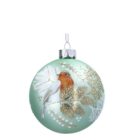 Gisela Graham Robin with Sprays Glass Tree Decoration 8cm, green bauble with painted robin, gold glitter foliage sprays and white berry details