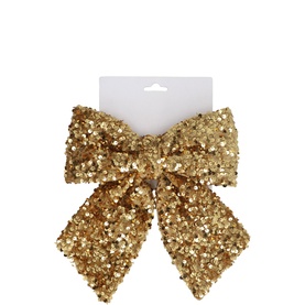 Gisela Graham Sequin Bow Decoration 28cm in gold, featuring all-over sequin embellishment on soft fabric construction