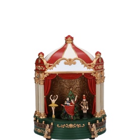 Gisela Graham Nutcracker Theatre Music Box 31cm, red and green striped dome with gold trim, ballet dancers and festive scene inside