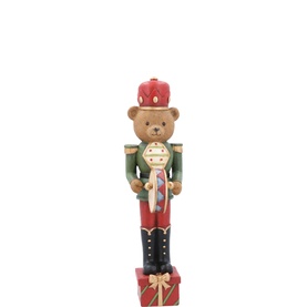 Gisela Graham Teddy Nutcracker with Drum Decoration 30cm, resin freestanding ornament in red, green and gold with bear face and gift base