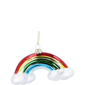 Gisela Graham Rainbow Glass Tree Decoration, multi-coloured glossy arc with white clouds and gold hanging cord, 12cm