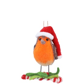 Santa Robin on Candy Cane Tree Decoration 12cm