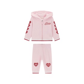 Guess Polly Pink 2-piece set with zip-up hoodie and joggers, featuring red heart and logo prints