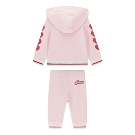 Guess Polly Pink 2-piece children's set with zip-up hoodie featuring heart sleeve prints and matching joggers with logo detail.