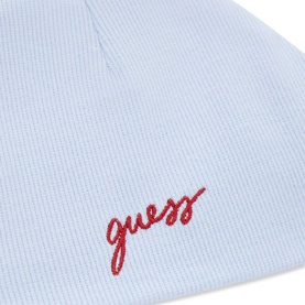 Guess children's Smart Blue knitted beanie hat with red embroidered script logo, close-up detail shot