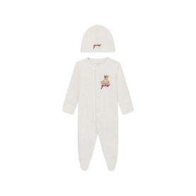 Guess white baby grow and beanie hat set with bear graphic and script logo detail
