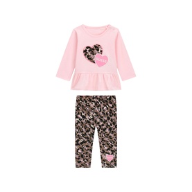 Guess 2 Piece set in Polly Pink, long-sleeve frill top with heart print and floral leggings, baby girls