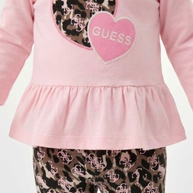 Guess 2 Piece set in Polly Pink, featuring peplum top with heart logo and leopard print leggings