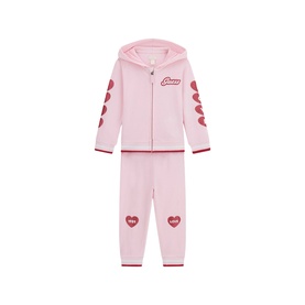 Guess Polly Pink 2-piece children's set with zip-up hoodie and joggers, featuring red heart motifs and logo detail