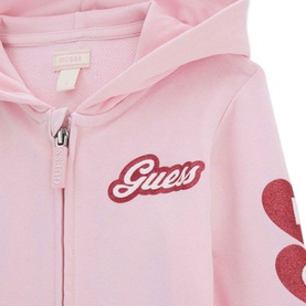 Guess children's Polly Pink zip-up hoodie with embroidered logo and glitter heart detail, part of a 2-piece set