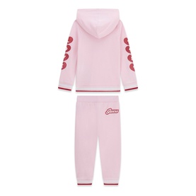 Guess Polly Pink 2-piece children's set with zip-up hoodie featuring heart sleeve print and matching joggers with logo detail