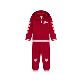 Guess cherry passion red 2-piece children's knit tracksuit set with heart motifs, zip-up hoodie and joggers
