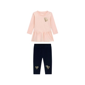 Guess 2 Piece set in Blush Breeze; pink long-sleeve peplum top and navy leggings, both with gold heart appliqu&eacute; detail