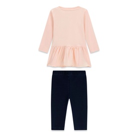 Guess 2 Piece children's set in Blush Breeze; long-sleeve peplum top with ruffle hem and navy leggings, back view.