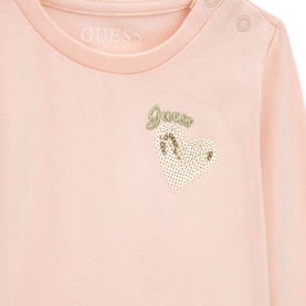 Guess 2 Piece set in Blush Breeze, close-up of top with gold sequin heart and embroidered logo detail
