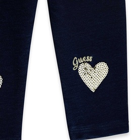 Guess children's navy leggings close-up showing gold sequin heart and Guess logo script detail in BLUSH BREEZE 2-piece set