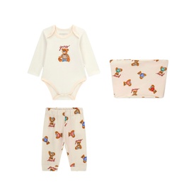 Guess 3-piece baby set in cream with all-over bear print, including long-sleeve bodysuit, trousers and blanket