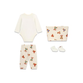 Guess 3 Piece baby set in cream with bear print; includes long-sleeve bodysuit, leggings, bib and booties