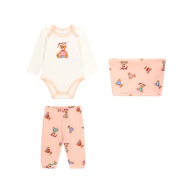 Guess 3-piece baby set in pink bear print; long-sleeve bodysuit, jogger trousers and bib with all-over bear motif
