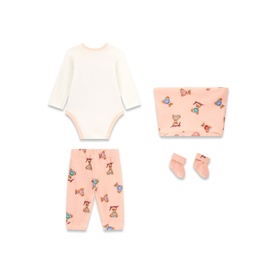 Guess 3 Piece baby set in pink bear print; includes long-sleeve bodysuit, trousers, hat and socks laid flat.