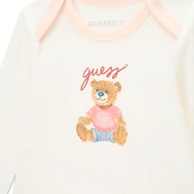 Guess 3 Piece set in cream with pink trim, featuring embroidered bear graphic in pink top and jeans on bodysuit
