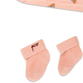Guess 3 Piece children's set in pink with bear print, showing fold-cuff socks with embroidered logo and patterned tights