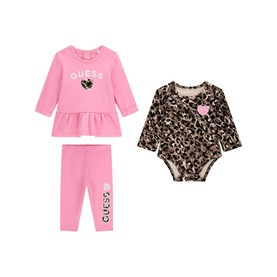 Guess baby three-piece set: pink sweatshirt top and leggings with logo print, and brown leopard-print long-sleeve bodysuit