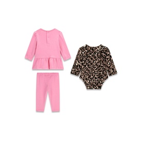 Three-piece baby set with pink long-sleeve top, pink leggings, and leopard-print bodysuit, laid flat on white background