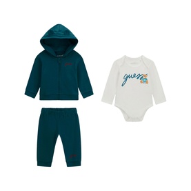 Guess 3-piece baby set in Green Tree; teal zip-up hoodie, matching joggers, and white logo bodysuit laid flat