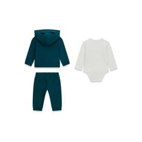 Guess 3 Piece set in Green Tree, featuring hooded zip jacket, jogger trousers, and white long-sleeve bodysuit