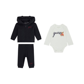 Guess 3 Piece set in Smart Blue; navy zip-up hoodie, joggers and white logo bodysuit for baby