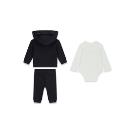 Guess 3 Piece set in Smart Blue, featuring hooded zip jacket, joggers, and white long-sleeve bodysuit, laid flat
