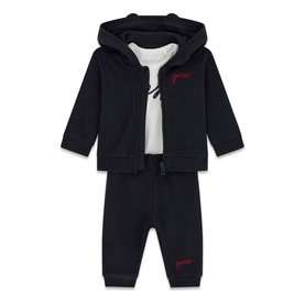 Guess 3-piece children's set in Smart Blue, featuring zip-up hoodie with ears, white bodysuit, and jogger trousers with red logo