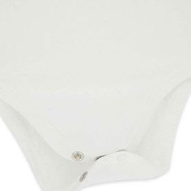 Guess Smart Blue 3-piece children's set, close-up of white bodysuit with silver snap fasteners at hem.