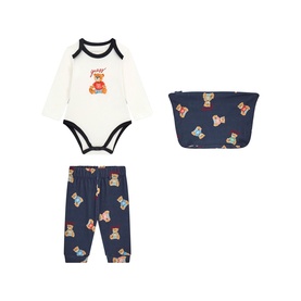 Guess 3 Piece baby set in white and navy; long-sleeve bodysuit, bear-print trousers, and matching pouch bag.
