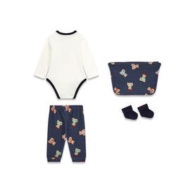 Guess 3 Piece baby set in cream and navy with bear print; includes long-sleeve bodysuit, trousers, hat and socks.