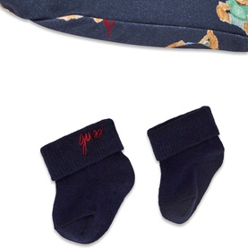 Guess 3-piece children's set in navy bear print, showing folded hat detail and pair of navy socks with red embroidered logo