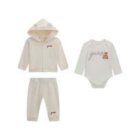 Guess cream white 3-piece baby set with hooded zip jacket, joggers, and bear-print bodysuit