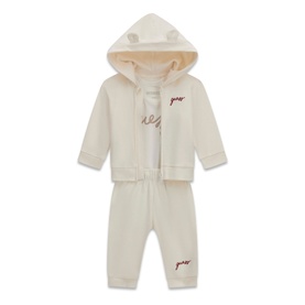 Guess cream white 3-piece baby set with hooded zip jacket with ears, bodysuit, and joggers with logo embroidery