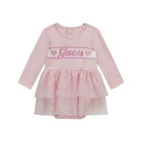 Guess baby pink long-sleeve bodysuit dress with tiered tulle skirt and logo waistband with heart detail