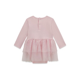 Pink long-sleeve baby dress with layered tulle skirt and popper-fastening bodysuit lining, button detail at back neck