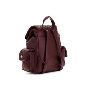 Guess deep maroon faux leather mini backpack with gold logo charm, front zip pocket and adjustable shoulder straps