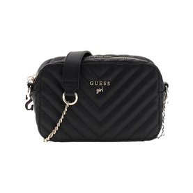 Guess Girl black quilted crossbody bag with gold-tone hardware, zip closure, adjustable shoulder strap and chain strap