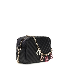Guess black quilted crossbody bag with gold chain strap and multicoloured letter charm detail, angled view