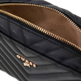 Guess black quilted belt bag with gold-tone zip and logo plaque, open to reveal tan interior lining