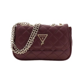 Guess deep maroon quilted crossbody bag with gold chain strap and triangle logo hardware, flap closure