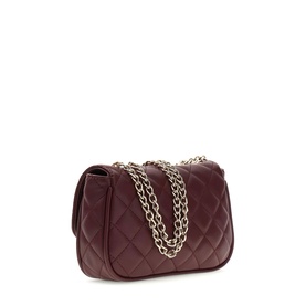 Guess deep maroon quilted flapover bag with gold-tone chain strap, angled side view